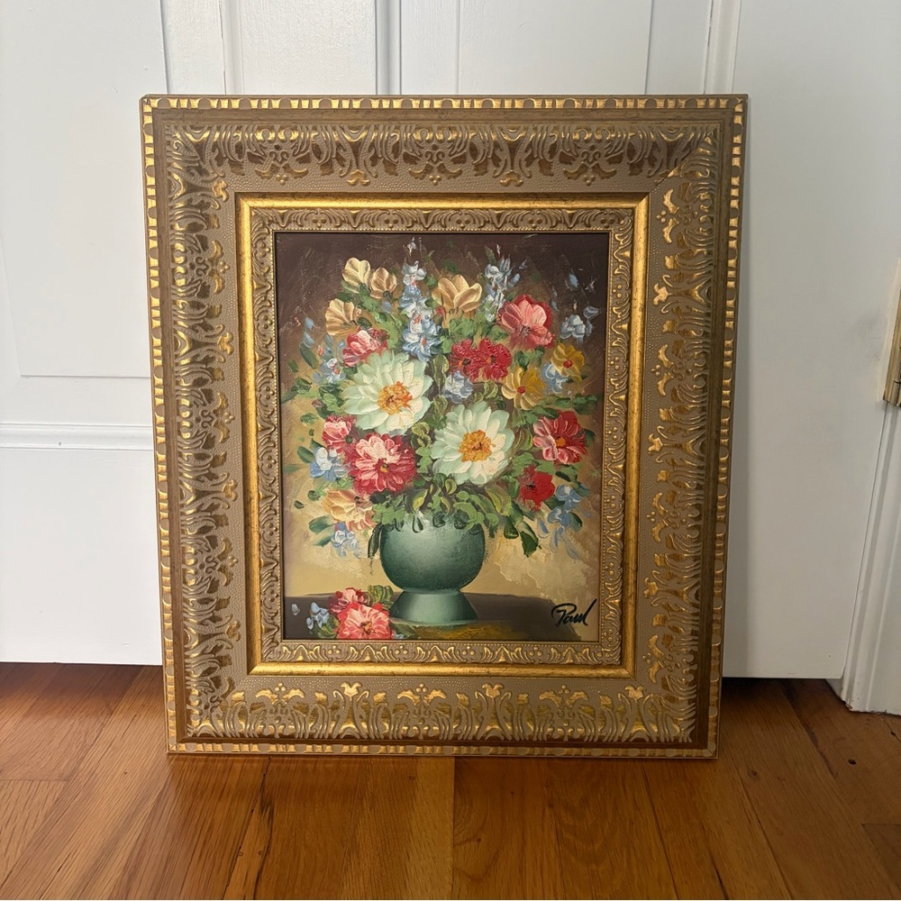Vintage Floral Painting Textured Giclée Print in Ornate Gold Frame